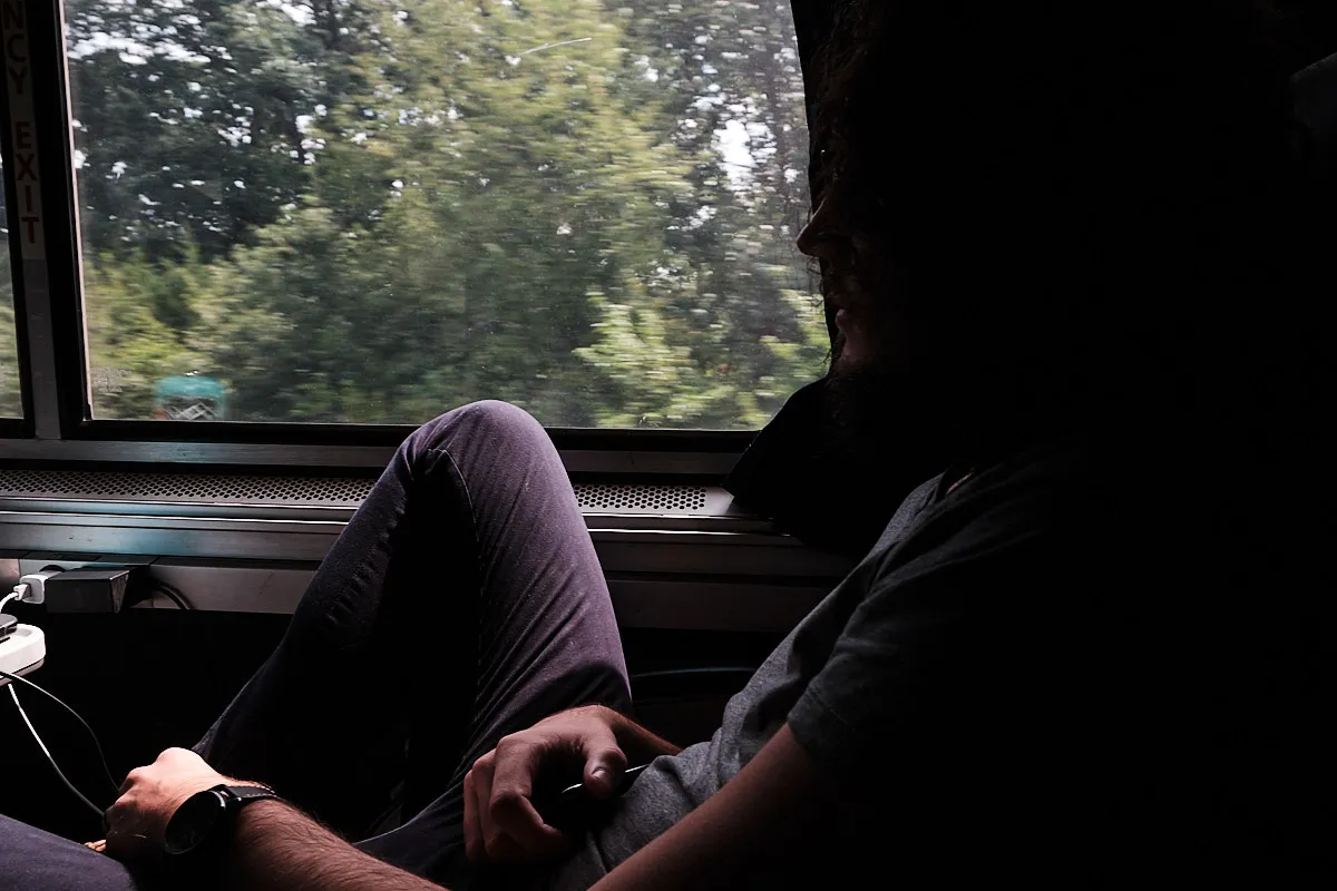 We are sat on the rigt side of the train, seats facing forward. I am relaxed with my legs propped up, looking out the bright train window. Foliage near the tracks dominates the view.